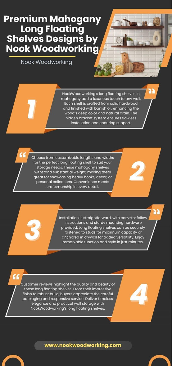 Premium Mahogany Long Floating Shelves Designs by Nook Woodworking